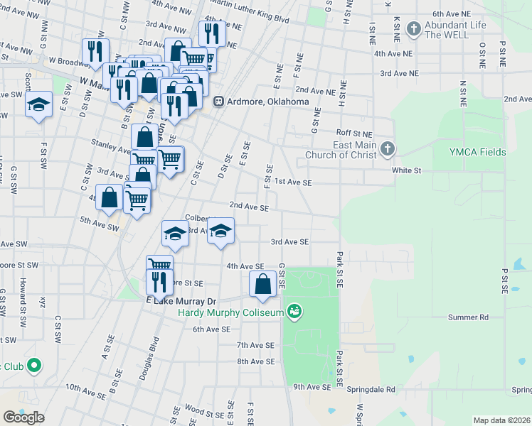 map of restaurants, bars, coffee shops, grocery stores, and more near 616 2nd Avenue Southeast in Ardmore
