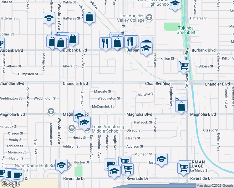 map of restaurants, bars, coffee shops, grocery stores, and more near 5312 Nagle Avenue in Los Angeles