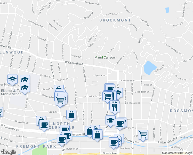 map of restaurants, bars, coffee shops, grocery stores, and more near 240 Spencer Street in Glendale
