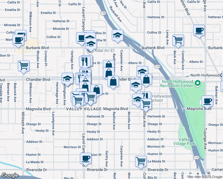 map of restaurants, bars, coffee shops, grocery stores, and more near in Los Angeles