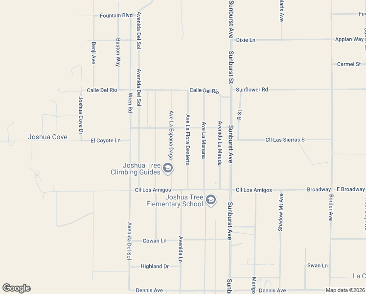 map of restaurants, bars, coffee shops, grocery stores, and more near 4726 Avenue La Flora Desierta in Joshua Tree