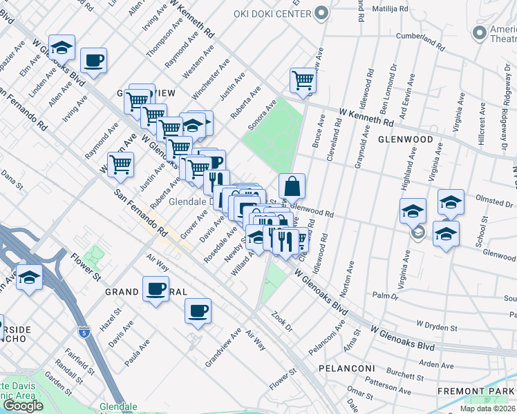 map of restaurants, bars, coffee shops, grocery stores, and more near 1126 Rosedale Avenue in Glendale