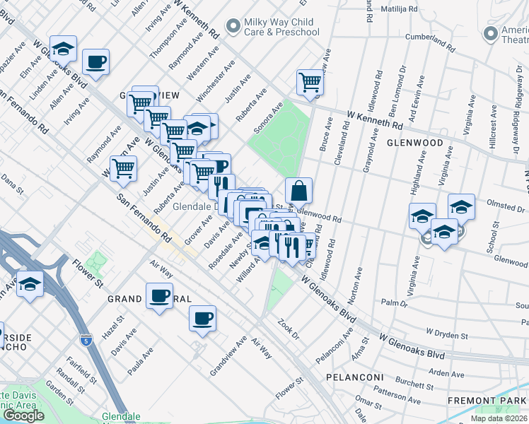 map of restaurants, bars, coffee shops, grocery stores, and more near 1120 Rosedale Avenue in Glendale