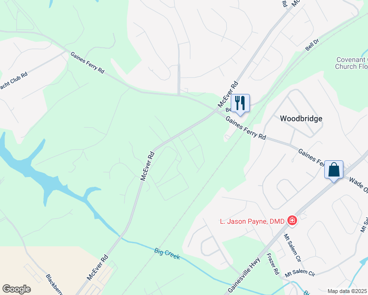 map of restaurants, bars, coffee shops, grocery stores, and more near 6642 Corryton Street in Flowery Branch
