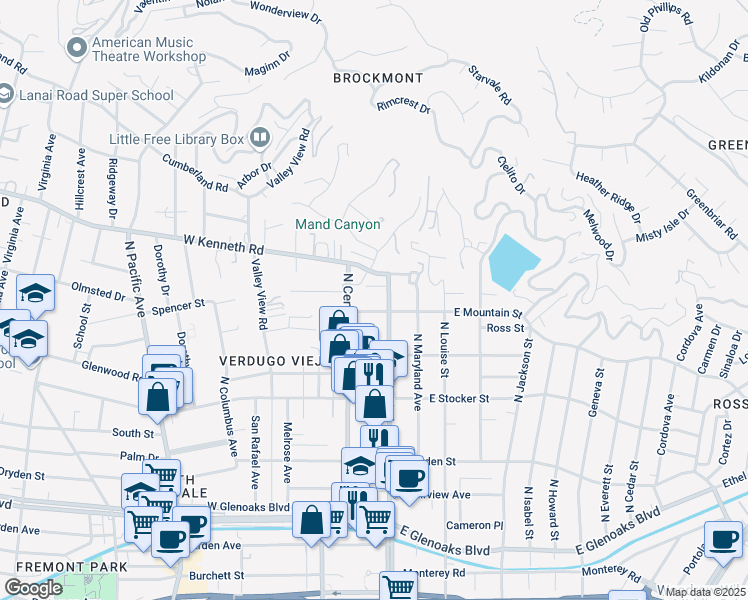 map of restaurants, bars, coffee shops, grocery stores, and more near 107 West Mountain Street in Glendale