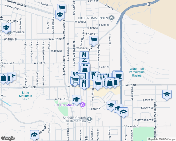map of restaurants, bars, coffee shops, grocery stores, and more near 4218 North Sierra Way in San Bernardino