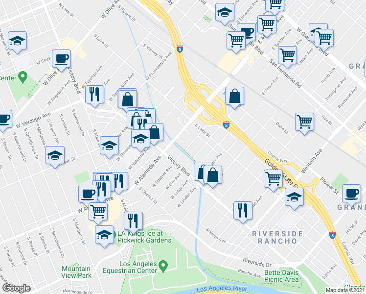 map of restaurants, bars, coffee shops, grocery stores, and more near 1015 Omer Lane in Burbank
