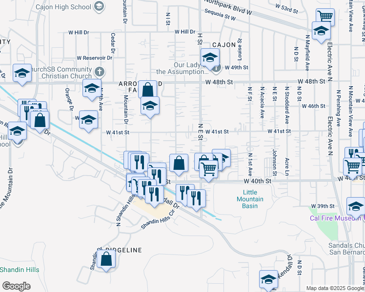 map of restaurants, bars, coffee shops, grocery stores, and more near 4057 Leuzinger Drive in San Bernardino County