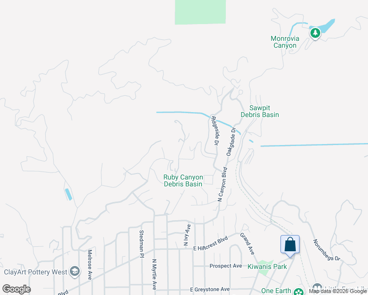 map of restaurants, bars, coffee shops, grocery stores, and more near 1088 Briarcliff Road in Monrovia