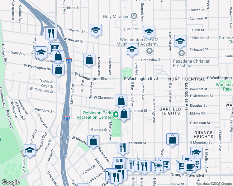 map of restaurants, bars, coffee shops, grocery stores, and more near 55 West Claremont Street in Pasadena