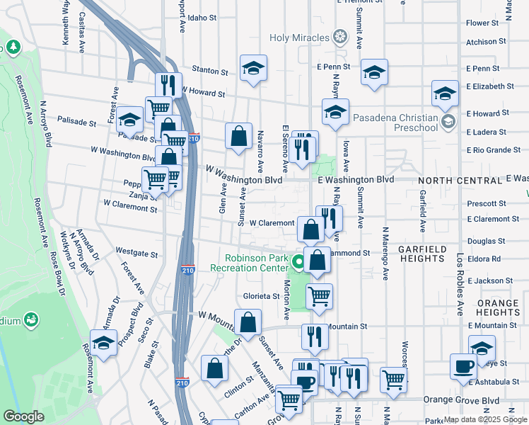 map of restaurants, bars, coffee shops, grocery stores, and more near in Pasadena