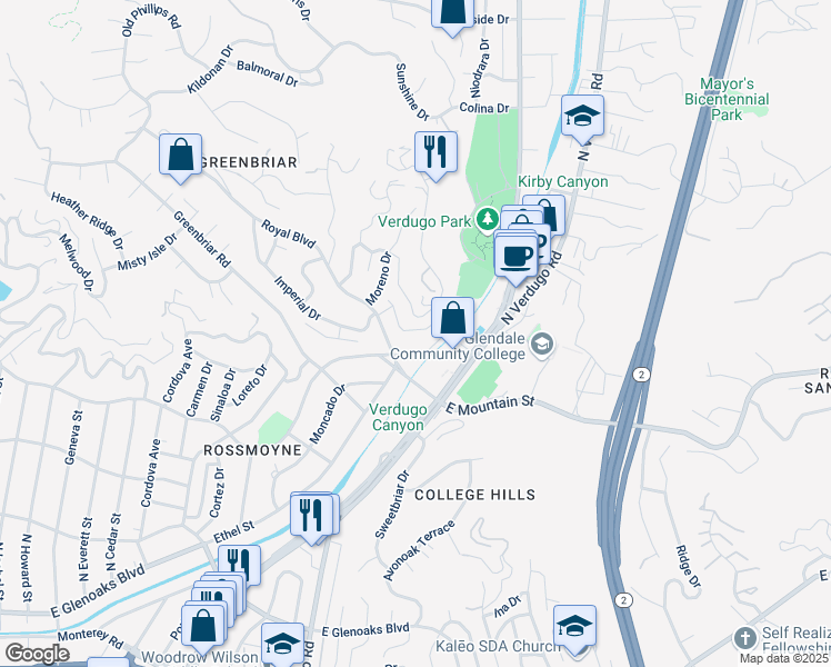 map of restaurants, bars, coffee shops, grocery stores, and more near 1415 Del Monte Drive in Glendale