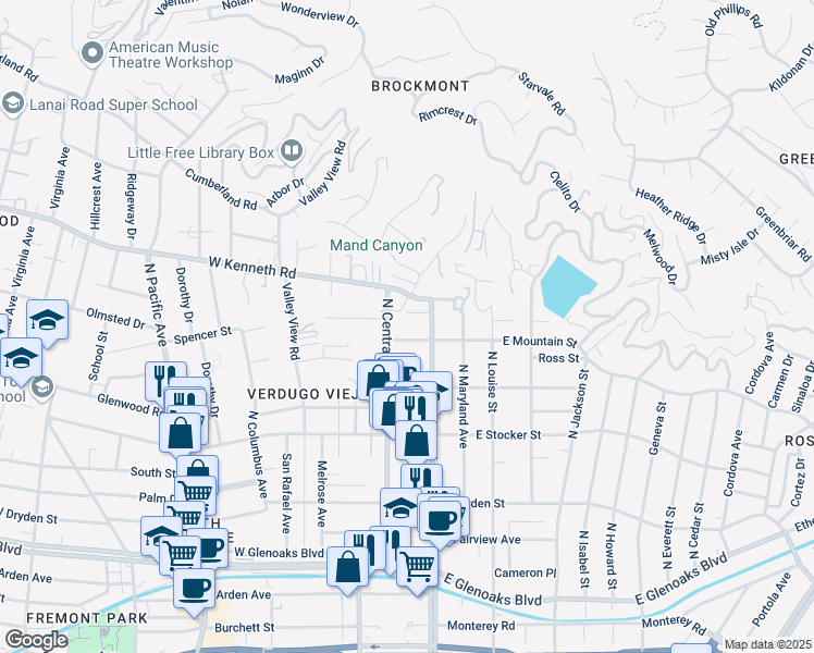 map of restaurants, bars, coffee shops, grocery stores, and more near 107 West Mountain Street in Glendale