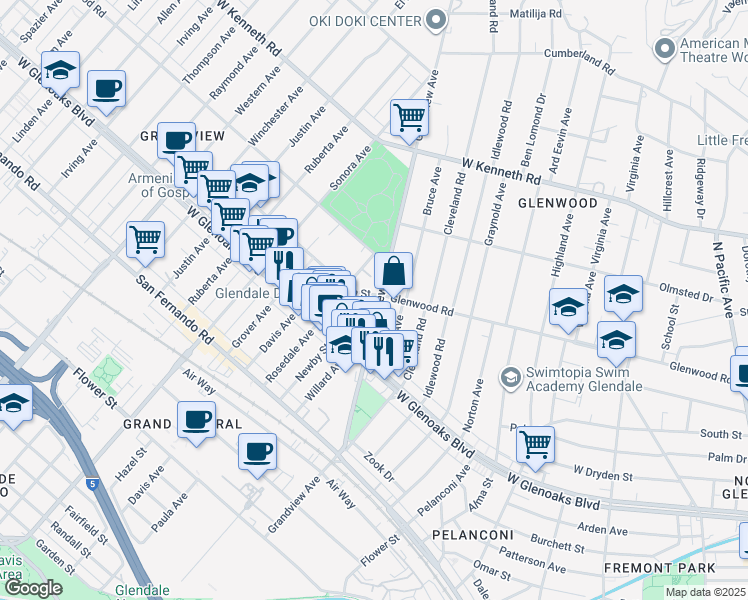 map of restaurants, bars, coffee shops, grocery stores, and more near 1239 Grandview Avenue in Glendale