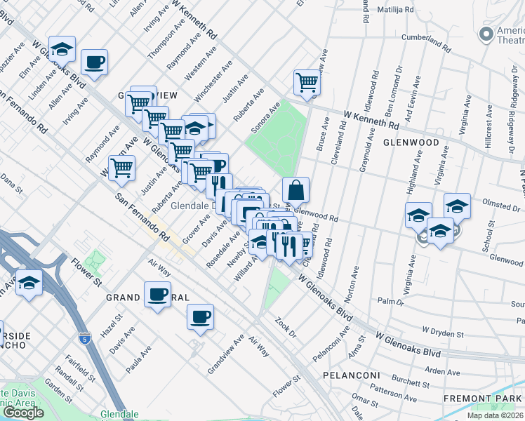 map of restaurants, bars, coffee shops, grocery stores, and more near 1120 Rosedale Avenue in Glendale