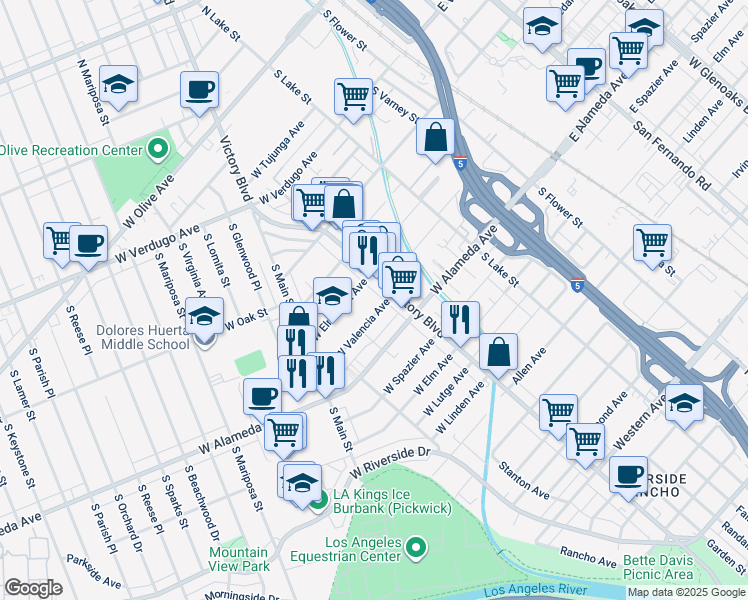 map of restaurants, bars, coffee shops, grocery stores, and more near 316 West Valencia Avenue in Burbank