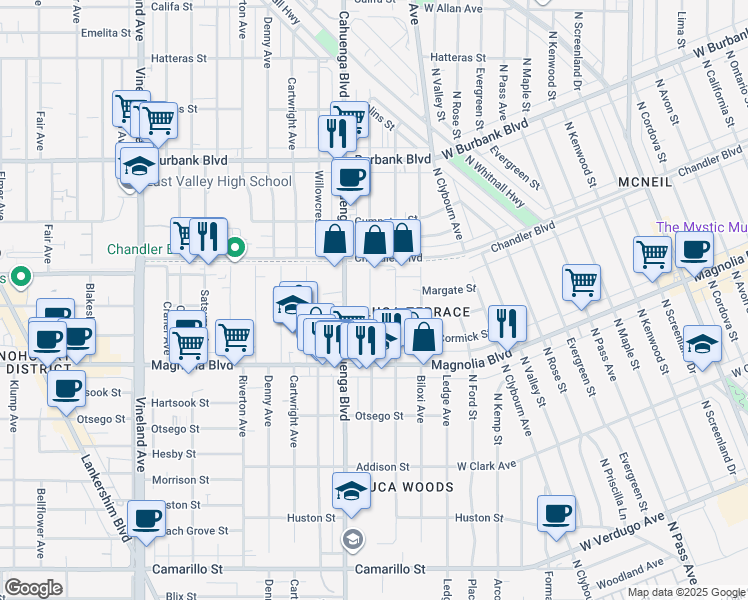 map of restaurants, bars, coffee shops, grocery stores, and more near 5307 Auckland Avenue in Los Angeles