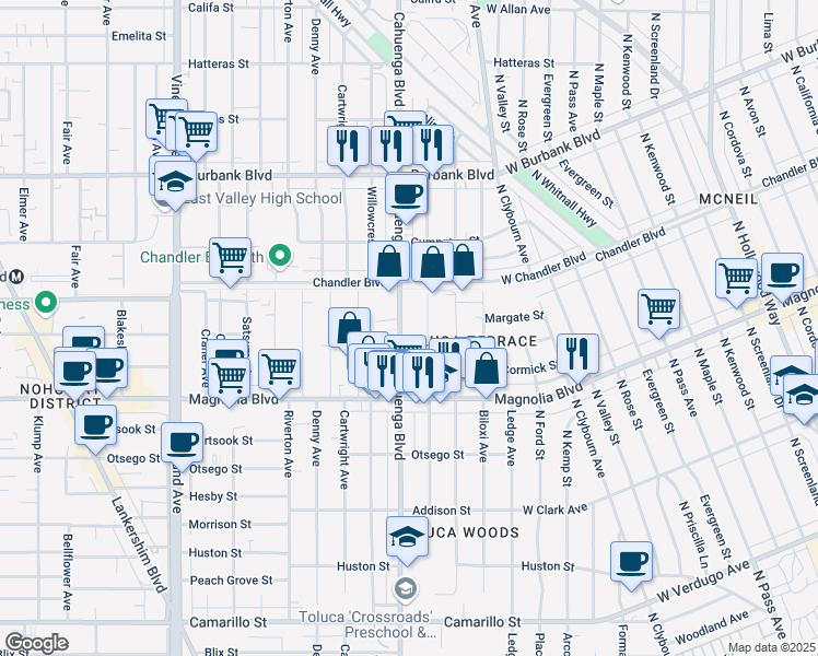 map of restaurants, bars, coffee shops, grocery stores, and more near 5307 Auckland Avenue in Los Angeles