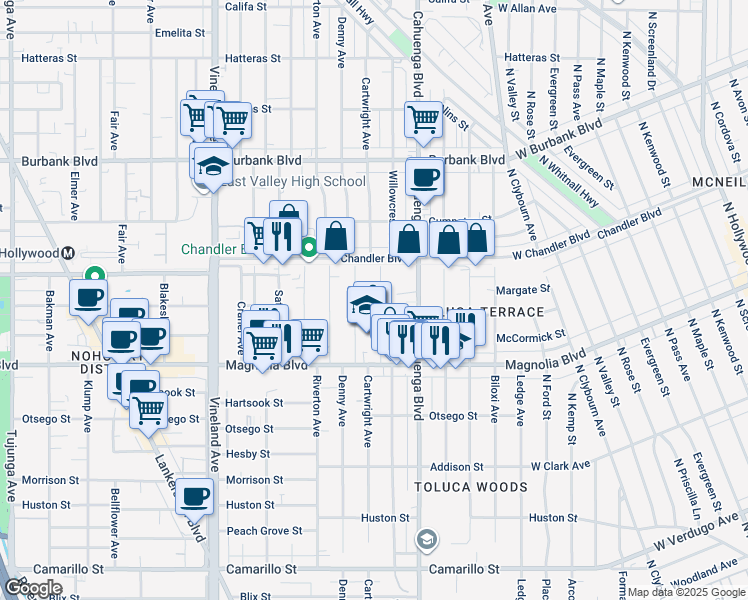 map of restaurants, bars, coffee shops, grocery stores, and more near 5309 Cartwright Avenue in Los Angeles
