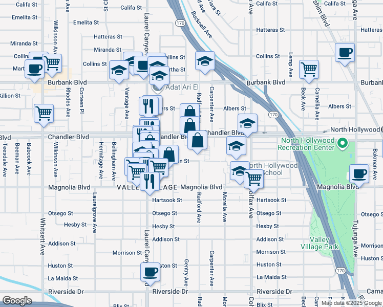 map of restaurants, bars, coffee shops, grocery stores, and more near 11941 Weddington Street in Los Angeles