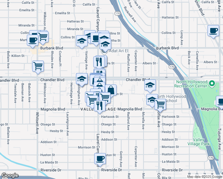 map of restaurants, bars, coffee shops, grocery stores, and more near 5308 Agnes Avenue in Los Angeles