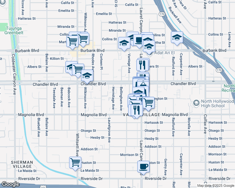 map of restaurants, bars, coffee shops, grocery stores, and more near in Los Angeles