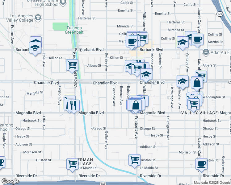 map of restaurants, bars, coffee shops, grocery stores, and more near 5313 Teesdale Avenue in Los Angeles