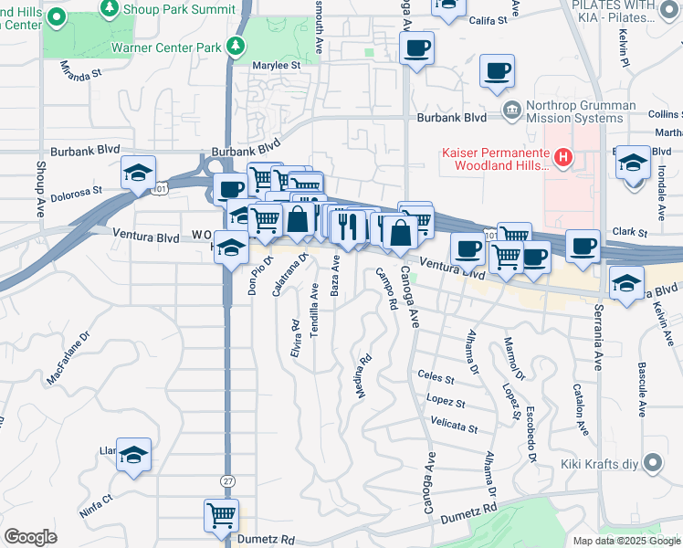 map of restaurants, bars, coffee shops, grocery stores, and more near 5344 Baza Avenue in Los Angeles