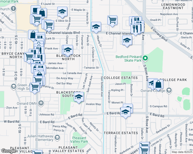 map of restaurants, bars, coffee shops, grocery stores, and more near 845 Trinidad Way in Oxnard