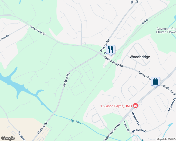 map of restaurants, bars, coffee shops, grocery stores, and more near 6651 Corryton Street in Flowery Branch
