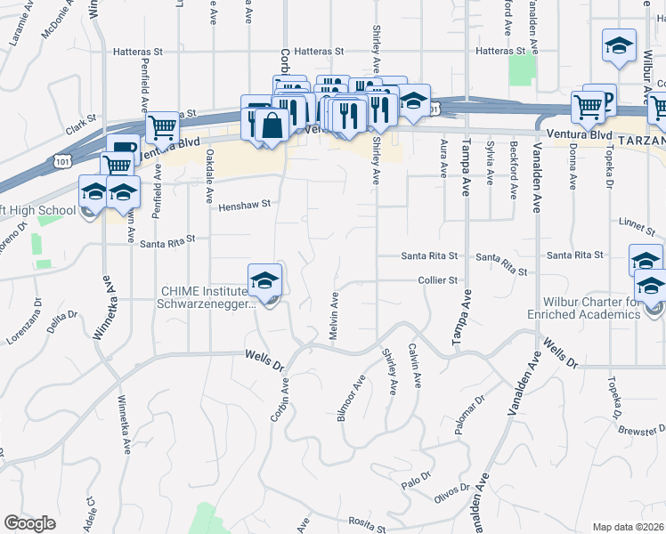 map of restaurants, bars, coffee shops, grocery stores, and more near 5255 Melvin Avenue in Los Angeles