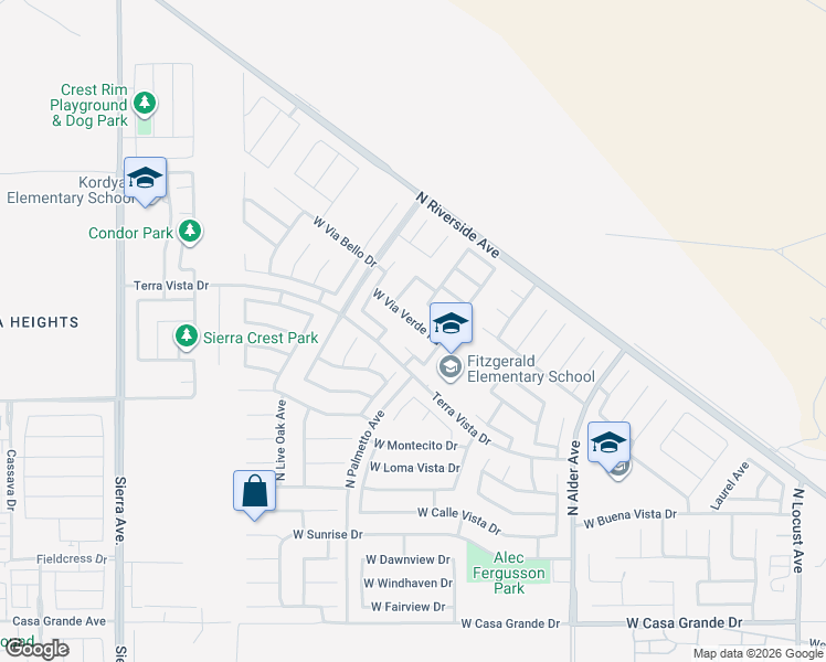 map of restaurants, bars, coffee shops, grocery stores, and more near 2569 West Via Verde Road in Rialto
