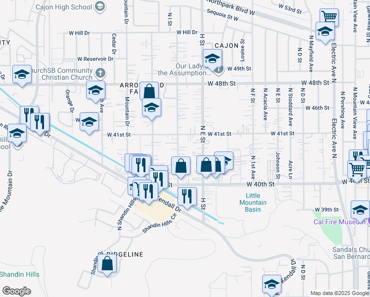 map of restaurants, bars, coffee shops, grocery stores, and more near 4057 Leuzinger Drive in San Bernardino County