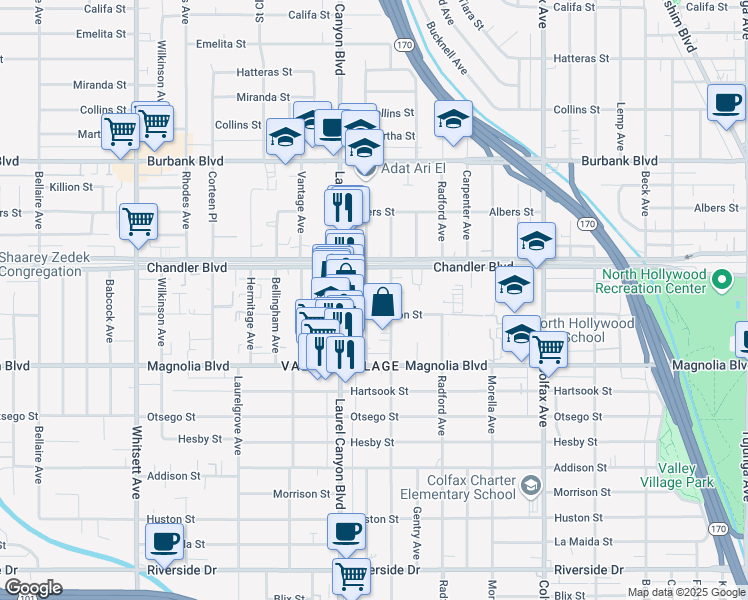 map of restaurants, bars, coffee shops, grocery stores, and more near 5318 Agnes Avenue in Los Angeles