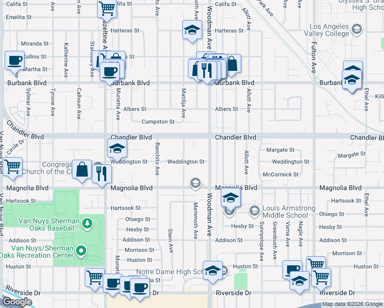 map of restaurants, bars, coffee shops, grocery stores, and more near 13749 Weddington Street in Los Angeles