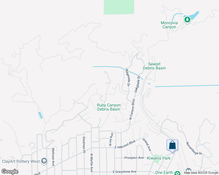 map of restaurants, bars, coffee shops, grocery stores, and more near 1069 Briarcliff Road in Monrovia