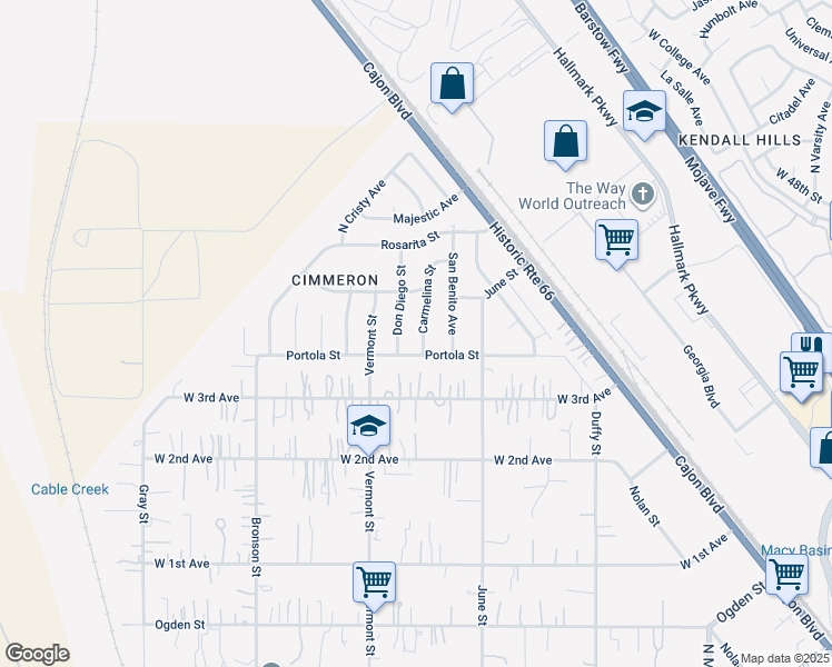 map of restaurants, bars, coffee shops, grocery stores, and more near 3930 Carmelina Street in Muscoy