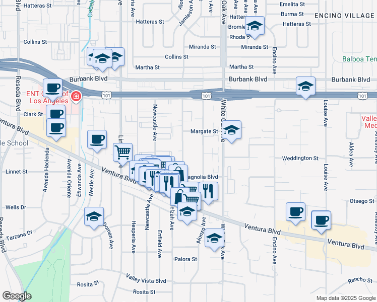 map of restaurants, bars, coffee shops, grocery stores, and more near 5310 Zelzah Avenue in Los Angeles
