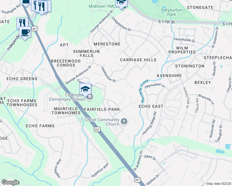 map of restaurants, bars, coffee shops, grocery stores, and more near 1139 Island Cove in Wilmington