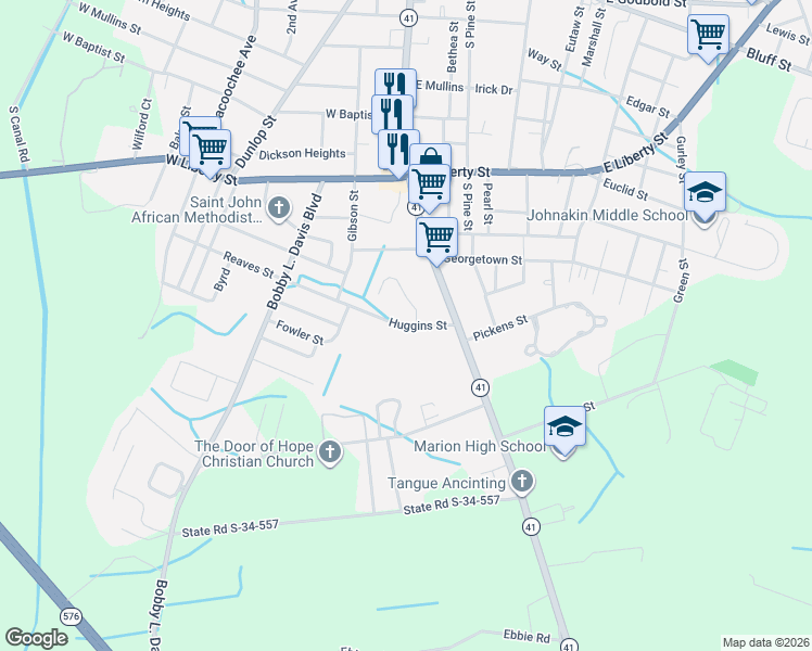 map of restaurants, bars, coffee shops, grocery stores, and more near 205 Huggins Street in Marion