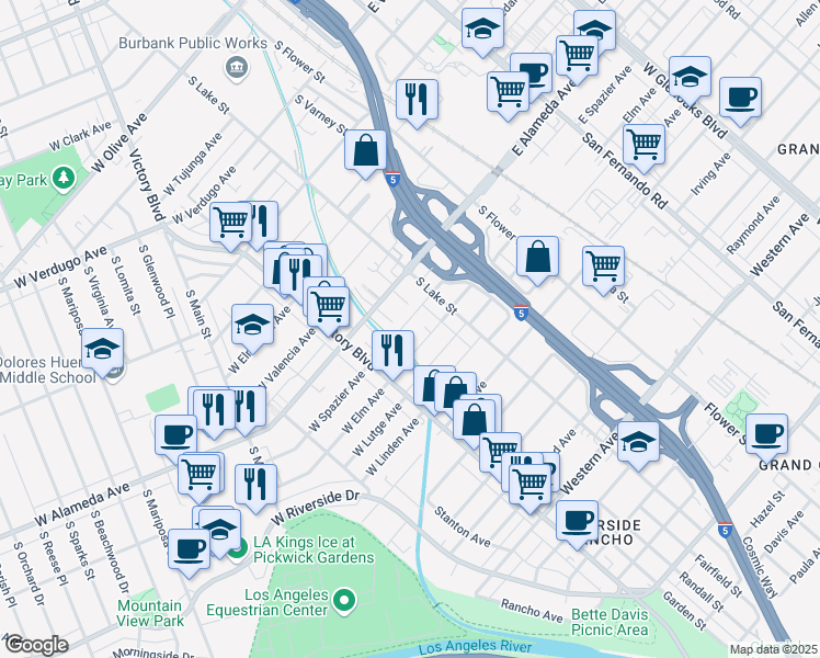 map of restaurants, bars, coffee shops, grocery stores, and more near 240 West Spazier Avenue in Burbank