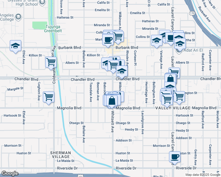 map of restaurants, bars, coffee shops, grocery stores, and more near 5319 Whitsett Avenue in Los Angeles