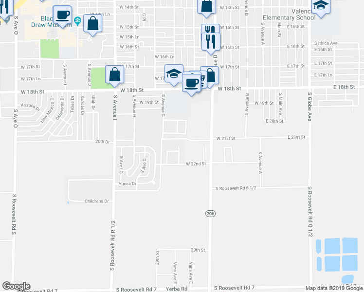 map of restaurants, bars, coffee shops, grocery stores, and more near 2107 Dove Lane in Portales