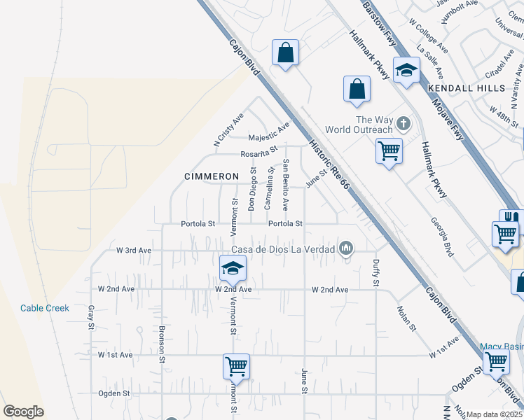 map of restaurants, bars, coffee shops, grocery stores, and more near 3930 Carmelina Street in Muscoy