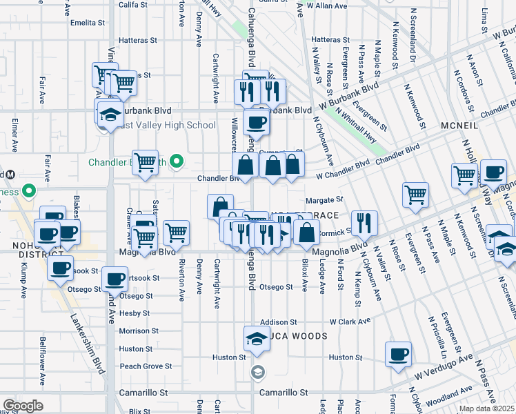 map of restaurants, bars, coffee shops, grocery stores, and more near 5316 Cahuenga Boulevard in Los Angeles