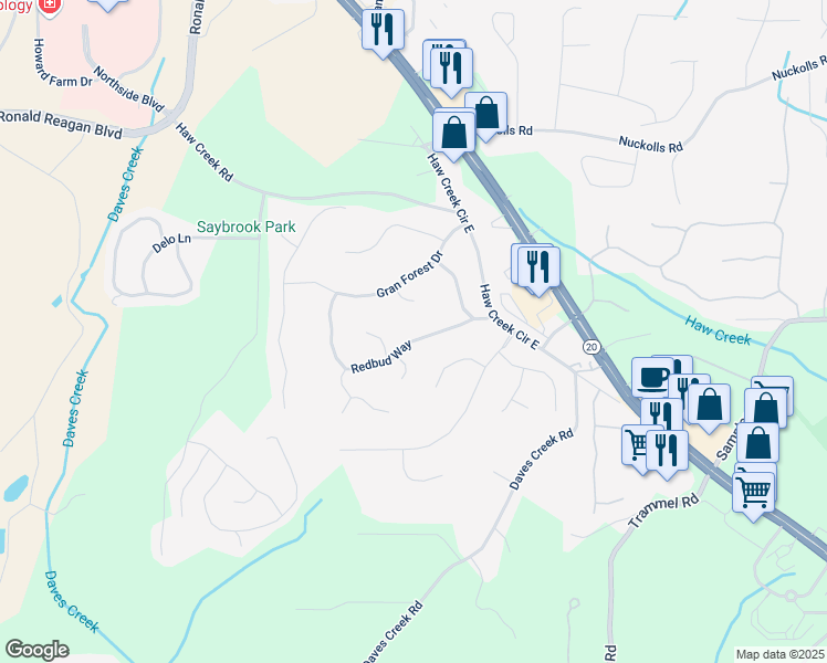 map of restaurants, bars, coffee shops, grocery stores, and more near 1460 Redbud Way in Cumming