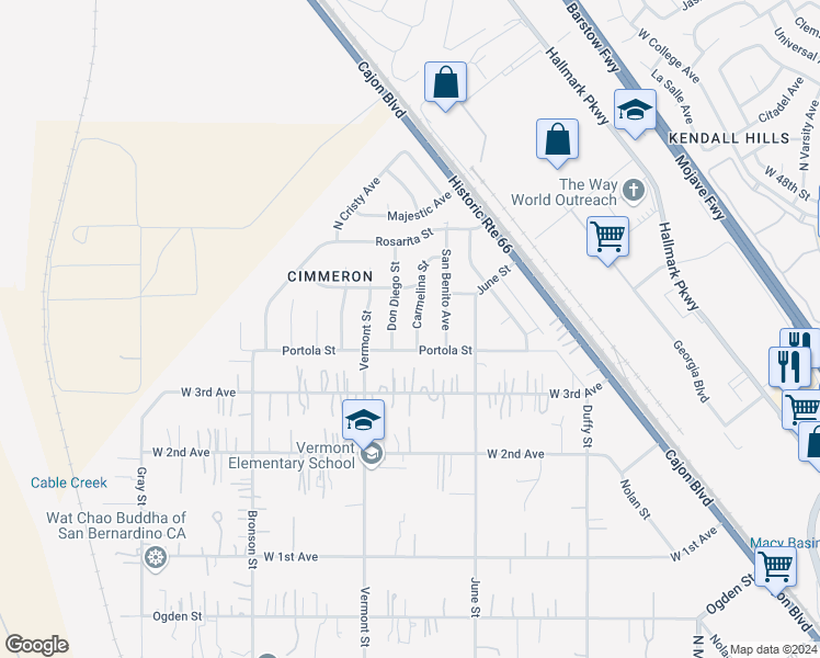 map of restaurants, bars, coffee shops, grocery stores, and more near 3930 Carmelina Street in Muscoy