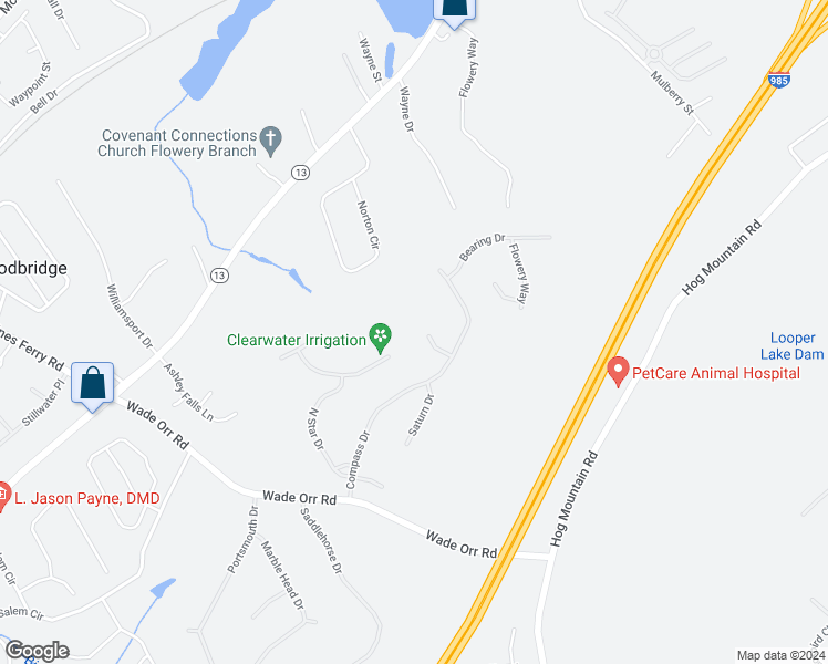 map of restaurants, bars, coffee shops, grocery stores, and more near 6341 Polar Circle in Flowery Branch