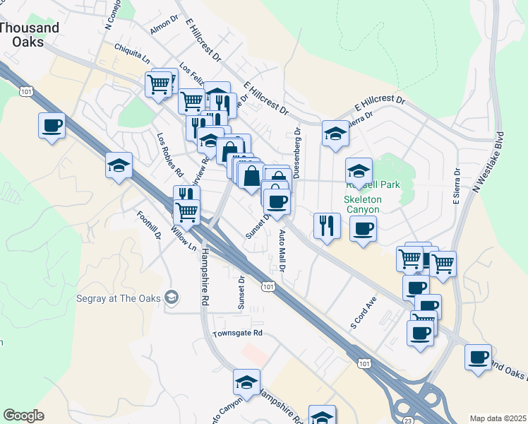 map of restaurants, bars, coffee shops, grocery stores, and more near 3262 Thousand Oaks Boulevard in Thousand Oaks