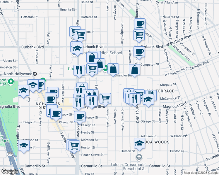 map of restaurants, bars, coffee shops, grocery stores, and more near 5315 Riverton Avenue in Los Angeles
